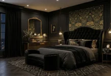 27 Black Nouveau Bedroom Ideas for Luxury Style Elegant Black Nouveau bedroom featuring matte black walls, a curved velvet headboard, brass lighting, marble nightstands, and luxurious hotel-inspired décor.