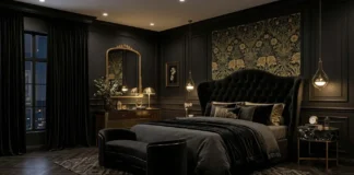 Elegant Black Nouveau bedroom featuring matte black walls, a curved velvet headboard, brass lighting, marble nightstands, and luxurious hotel-inspired décor.
