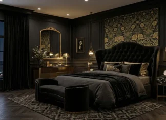 Elegant Black Nouveau bedroom featuring matte black walls, a curved velvet headboard, brass lighting, marble nightstands, and luxurious hotel-inspired décor.
