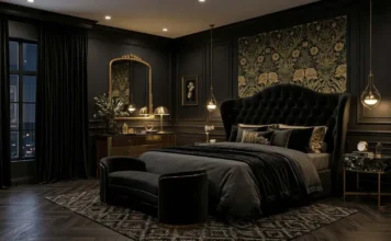 27 Black Nouveau Bedroom Ideas for Luxury Style Elegant Black Nouveau bedroom featuring matte black walls, a curved velvet headboard, brass lighting, marble nightstands, and luxurious hotel-inspired décor.
