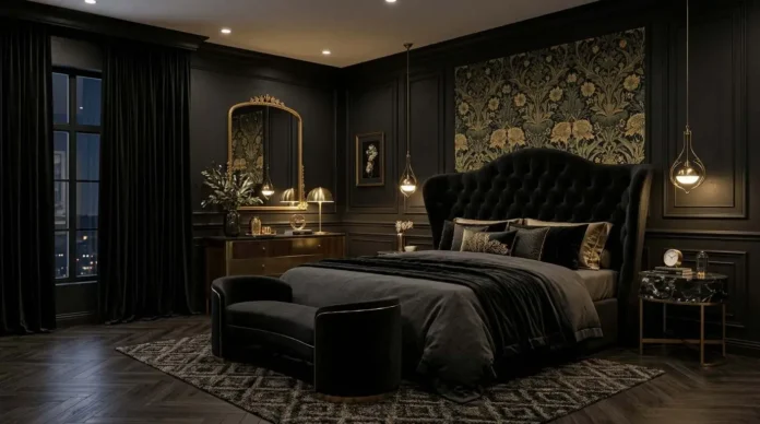 Elegant Black Nouveau bedroom featuring matte black walls, a curved velvet headboard, brass lighting, marble nightstands, and luxurious hotel-inspired décor.