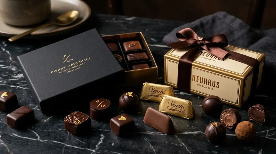 An elegant display of premium assortments from luxury chocolate brands including Venchi and Neuhaus on a dark marble tabletop. An elegant display of premium assortments from luxury chocolate brands including Venchi and Neuhaus on a dark marble tabletop.