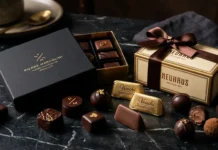An elegant display of premium assortments from luxury chocolate brands including Venchi and Neuhaus on a dark marble tabletop.
