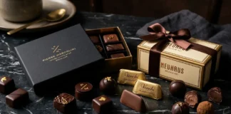 Luxury Chocolate Brands Ranked: Venchi vs. Neuhaus vs. Pierre Marcolini An elegant display of premium assortments from luxury chocolate brands including Venchi and Neuhaus on a dark marble tabletop.