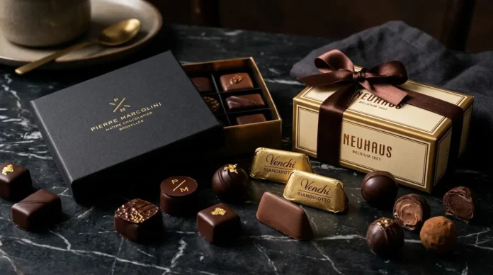 An elegant display of premium assortments from luxury chocolate brands including Venchi and Neuhaus on a dark marble tabletop.
