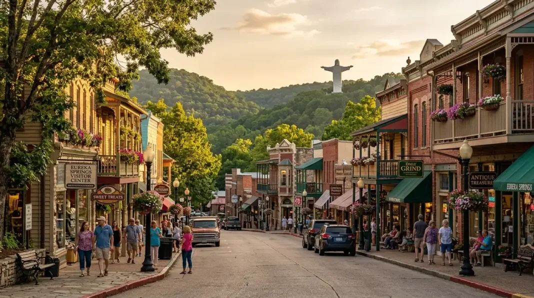 Historic Arkansas town with Victorian buildings in Eureka Springs and the Christ of the Ozarks Statue surrounded by the scenic Ozark Mountains.