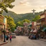 Historic Arkansas town with Victorian buildings in Eureka Springs and the Christ of the Ozarks Statue surrounded by the scenic Ozark Mountains.