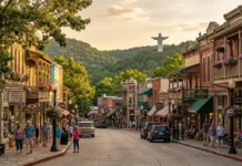 Historic Arkansas town with Victorian buildings in Eureka Springs and the Christ of the Ozarks Statue surrounded by the scenic Ozark Mountains.