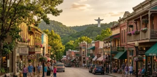 Historic Arkansas town with Victorian buildings in Eureka Springs and the Christ of the Ozarks Statue surrounded by the scenic Ozark Mountains.