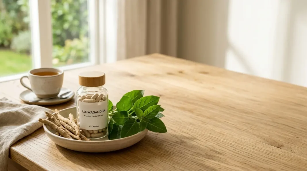 Ashwagandha capsules and fresh roots displayed in a calming wellness setting representing ashwagandha for anxiety and natural stress relief.