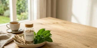 Ashwagandha capsules and fresh roots displayed in a calming wellness setting representing ashwagandha for anxiety and natural stress relief.