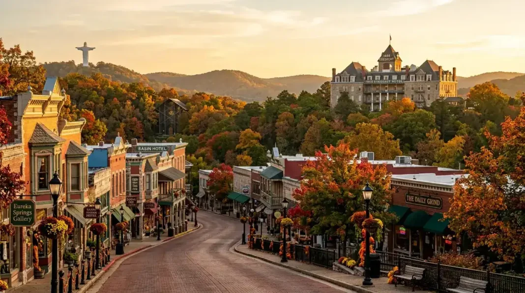 Best Photo Spots in Eureka Springs featuring historic downtown, Crescent Hotel, Thorncrown Chapel, and scenic Ozark Mountain views at sunset.