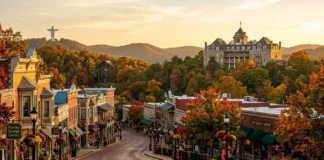 Best Photo Spots in Eureka Springs featuring historic downtown, Crescent Hotel, Thorncrown Chapel, and scenic Ozark Mountain views at sunset.