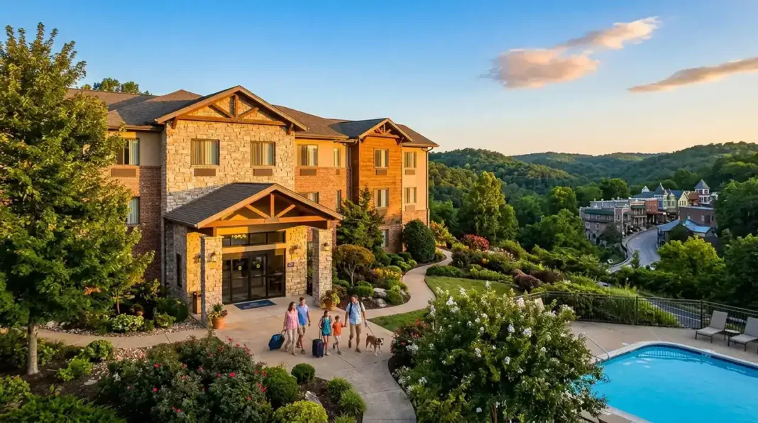 Exterior view of Best Western Eureka Springs hotel with scenic Ozark Mountains, showcasing comfortable accommodations near top Eureka Springs attractions.