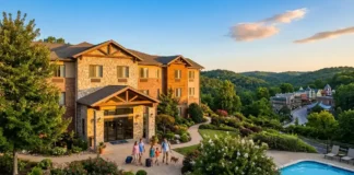 Exterior view of Best Western Eureka Springs hotel with scenic Ozark Mountains, showcasing comfortable accommodations near top Eureka Springs attractions.