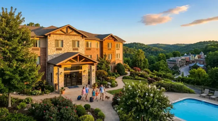 Exterior view of Best Western Eureka Springs hotel with scenic Ozark Mountains, showcasing comfortable accommodations near top Eureka Springs attractions.