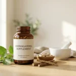 Best Ashwagandha Supplement: Complete Buying Guide Best ashwagandha supplement bottle with organic roots and capsules on a wooden table in a minimalist wellness setting.