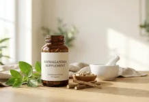 Best ashwagandha supplement bottle with organic roots and capsules on a wooden table in a minimalist wellness setting.