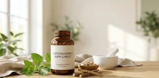 Best ashwagandha supplement bottle with organic roots and capsules on a wooden table in a minimalist wellness setting.