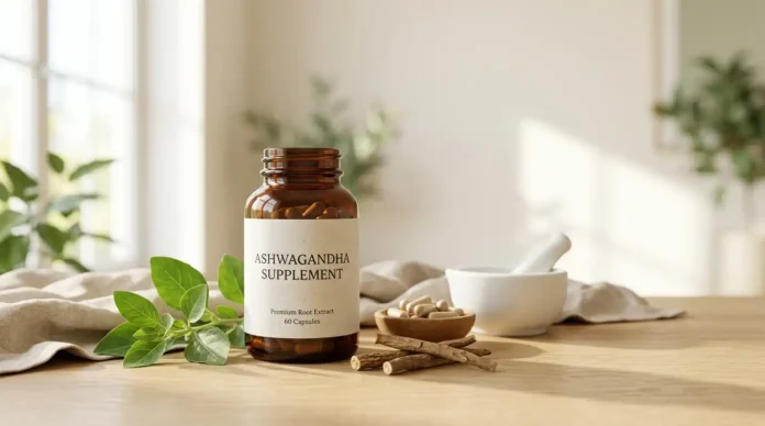 Best ashwagandha supplement bottle with organic roots and capsules on a wooden table in a minimalist wellness setting.