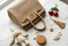 Best bag charms under $100 including cherry, leather tassel, pearl, initial, plush, and mini pouch charms displayed beside a luxury beige handbag.