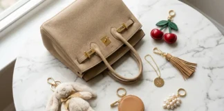 Best bag charms under $100 including cherry, leather tassel, pearl, initial, plush, and mini pouch charms displayed beside a luxury beige handbag.