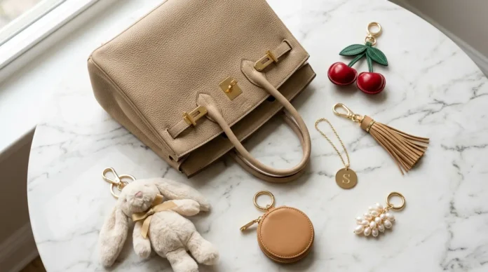 Best bag charms under $100 including cherry, leather tassel, pearl, initial, plush, and mini pouch charms displayed beside a luxury beige handbag.