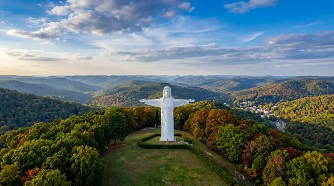 Christ of the Ozarks Statue Overlooking Eureka Springs The Christ of the Ozarks statue standing atop Magnetic Mountain overlooking the forests of Eureka Springs, Arkansas.