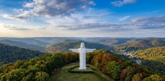 The Christ of the Ozarks statue standing atop Magnetic Mountain overlooking the forests of Eureka Springs, Arkansas.