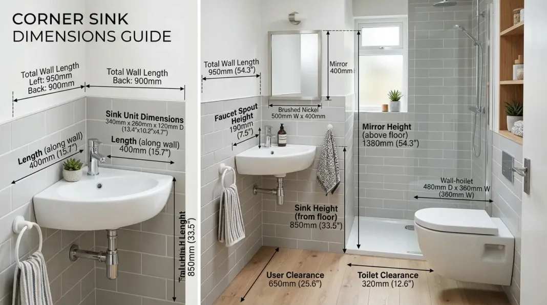 Corner Sink Dimensions guide showing a modern white corner sink installed in a small bathroom with an efficient space-saving layout. Corner Sink Dimensions guide showing a modern white corner sink installed in a small bathroom with an efficient space-saving layout.