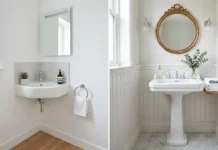 Corner Sink vs Pedestal Sink: Which Is Better? Corner Sink vs Pedestal Sink side-by-side comparison in two stylish small bathrooms.