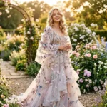 Butterfly Dress: Elegant Styles for Every Occasion Elegant woman wearing a luxurious butterfly dress with butterfly sleeves and 3D butterfly embellishments in a blooming garden.