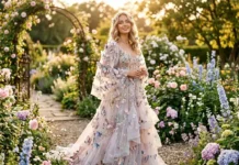 Elegant woman wearing a luxurious butterfly dress with butterfly sleeves and 3D butterfly embellishments in a blooming garden.