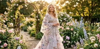 Elegant woman wearing a luxurious butterfly dress with butterfly sleeves and 3D butterfly embellishments in a blooming garden.