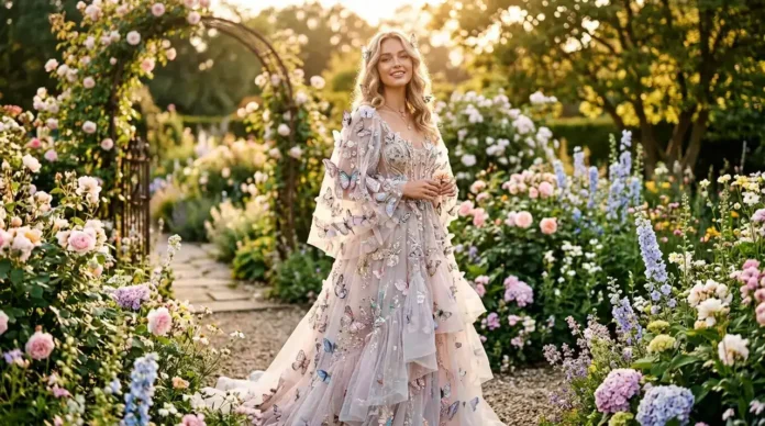 Elegant woman wearing a luxurious butterfly dress with butterfly sleeves and 3D butterfly embellishments in a blooming garden.