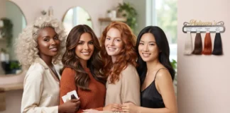 Woman showcasing trendy hair colors to dye your hair, including blonde, brunette, red, and natural shades with healthy shiny hair.