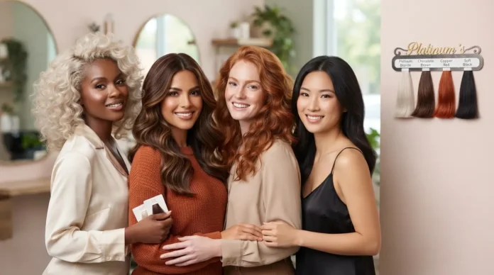 Woman showcasing trendy hair colors to dye your hair, including blonde, brunette, red, and natural shades with healthy shiny hair.