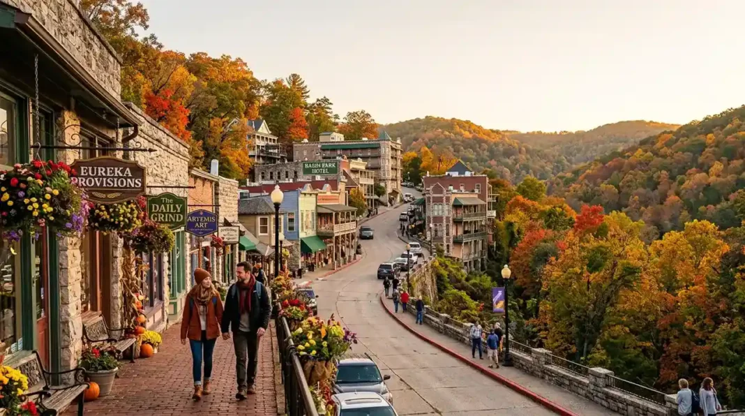 Historic downtown Eureka Springs in the Ozark Mountains featuring Victorian buildings, colorful fall foliage, and scenic hillside streets for an unforgettable Ozarks getaway.