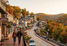Getaway Ozarks Eureka Springs: Complete Travel Guide Historic downtown Eureka Springs in the Ozark Mountains featuring Victorian buildings, colorful fall foliage, and scenic hillside streets for an unforgettable Ozarks getaway.
