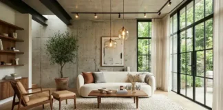 How to make a concrete wall look warm with oak wood, warm LED lighting, soft textures, and luxury modern industrial interior design.