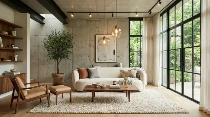 How to make a concrete wall look warm with oak wood, warm LED lighting, soft textures, and luxury modern industrial interior design.