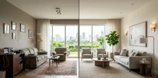 Interior Design Mistakes to Avoid: 20 Expert Tips Interior design mistakes to avoid shown in a before-and-after modern living room with expert decorating improvements.