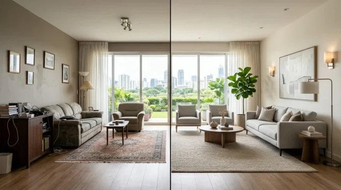 Interior design mistakes to avoid shown in a before-and-after modern living room with expert decorating improvements.