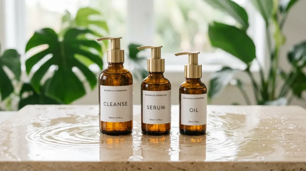 Lightweight and hydrating low porosity hair products in amber bottles on a modern, clean surface.