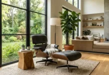 Modern leather lounge chair with ottoman in a stylish contemporary living room.
