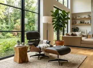 Modern leather lounge chair with ottoman in a stylish contemporary living room.