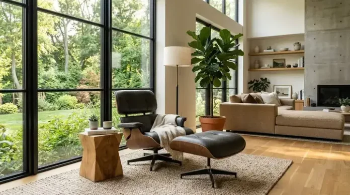 Modern leather lounge chair with ottoman in a stylish contemporary living room.