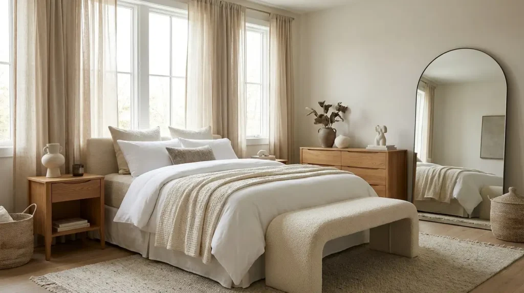 Quiet luxury bedroom ideas featuring neutral décor, layered bedding, natural textures, and elegant furniture under a $500 budget.