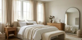 Quiet luxury bedroom ideas featuring neutral décor, layered bedding, natural textures, and elegant furniture under a $500 budget.