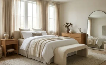 Quiet Luxury Bedroom Ideas Under $500 (15 Elegant Upgrades) Quiet luxury bedroom ideas featuring neutral décor, layered bedding, natural textures, and elegant furniture under a $500 budget.